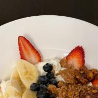 Greek Yogurt Bowl · Greek yogurt, granola, blueberries, strawberries, banana, candied walnuts and honey drizzle