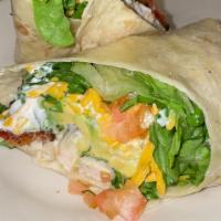 Cali-Rado Wrap · Roasted chicken, bacon, avocado, cheddar, jack cheese, lettuce, tomato, ranch wrapped in a f...