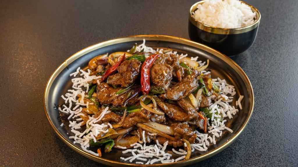 Mongolian Beef · Hot and spicy. Served with white rice.