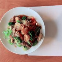 Happy Family · Shrimp, chicken, beef, bbq pork stir-fried with mixed vegetables in brown sauce.