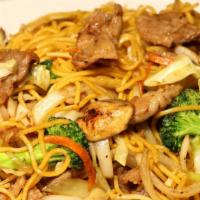 Pork Yakisoba · Yakisoba noodles stir-fried with pork, cabbage, onions,carrots, mushrooms and broccoli.