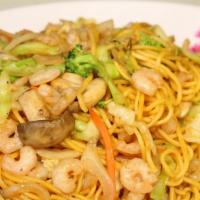 Shrimp Yakisoba · Yakisoba noodles stir-fried with shrimp, cabbage, onions,carrots, mushrooms and broccoli.