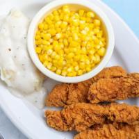 Chicken Tenderloin Dinner · A plate full of fried chicken tenders served with your choice of BBQ sauce or pepper cream g...