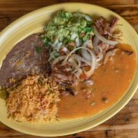 Carnitas · Pieces of pork slow cooked, smothered in green Chile - topped with grilled onions. Served wi...