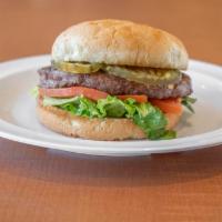 Hamburger Single · Char-broiled 1/3 pound of angus beef with mayo, luttuce, tomatoes, onions, pickles and musta...