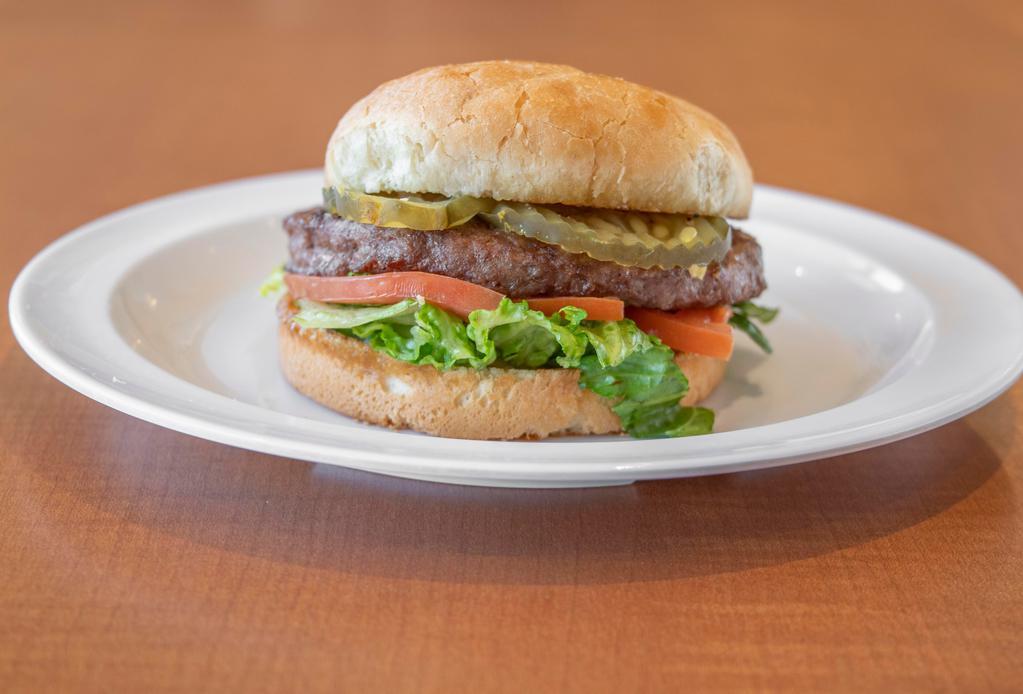 Hamburger Single · Char-broiled 1/3 pound of angus beef with mayo, luttuce, tomatoes, onions, pickles and mustard.