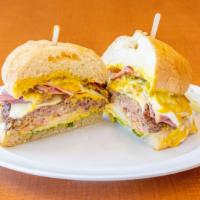 Pastrami Burger · (Meat lovers dream) juicy pastrami plus a 1/3 pound burger patty with swiss cheese, mayo, le...