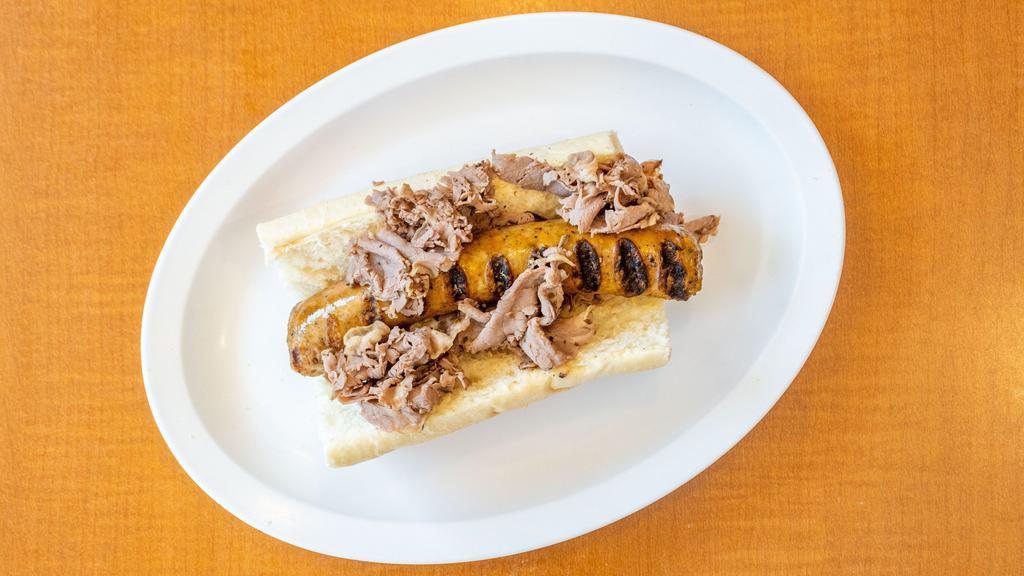 Italian Combo (Beef & Sausage) · Chicago style italian beef  plus Italian sausage served on French bread.let us know if you want dipped or dip on side