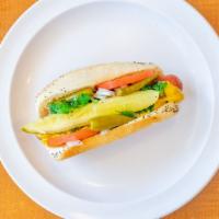 Hot Dog (Chicago Style) · Vienna 100% beef. Includes mustard, relish, onions, tomatoes, kosher pickle, sport peppers, ...