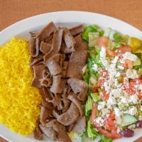 Gyros Plate · Gyros meat served with rice, greek salad, tzatziki suace and pita bread.