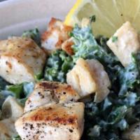 Chicken Kale Caesar Salad · Organic Kale and vegan gluten free housemade sourdough  Bread Srsly croutons tossed in chefs...