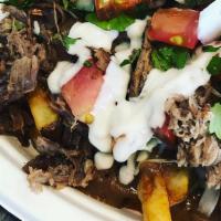 Rotner Fries · Hand-cut fries smothered with house-made unfried beans, carnitas (roasted pork), shredded ca...