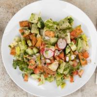 Peasant Bread Salad (Fattoush) · Vegan. Romaine lettuce, tomatoes, cucumbers, onions, olives, parsley, pickles, radishes, min...