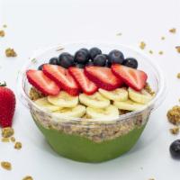 Go Green Bowl · Blend includes: Fresh Spinach, Water, Strawberries, Peaches, Bananas & Agave. Topped with: N...