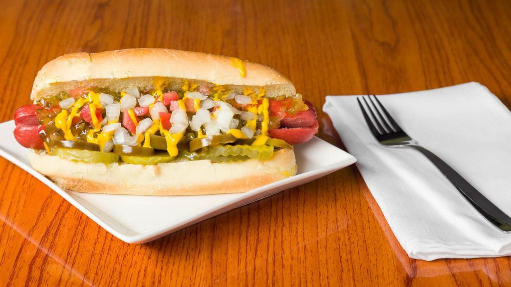 Chicago Dog · ( Mustard , Relish , Onions , Jalapenos , Pickles , Celery Salt )