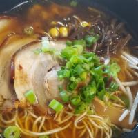 Shoyu Ramen · Shoyu broth, thick noodle, pork chashu, nitamago, kikurage, bamboo shoot and green onion. *N...