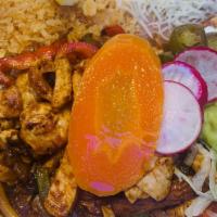 Chicken Fajitas · Chicken breast mix with onion, bell pepper rice and beans on the side, sour cream, guacamole...