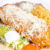 Burrito Plate · Choice of meat (only inside) rice and beans on the side, enchilada sauce, and cheese on the ...