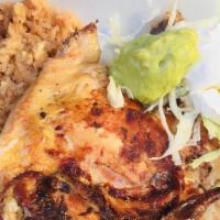 Pollo Asado · Baked half chicken (leg,breast,wing), rice and beans, sour cream, and choice of tortilla, fl...