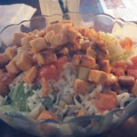 Buffalo Chicken Salad · Crisp greens topped with tomatoes cucumbers, mozzarella cheese, and your choice of grilled o...