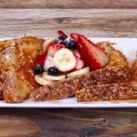 The French Breakfast · 9-Grain Whole Wheat Bread dipped in Whole Egg Whey Protein and Cinnamon topped w/Strawberrie...