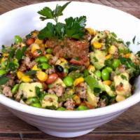 Loaded Burrito Bowl · All Natural Lean Ground Turkey, Organic Quinoa, Black and Pinto Beans Salsa, Corn, Edamame, ...