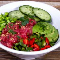 Ahi Poke Bowl · Wild Caught Ahi Tuna, Cucumbers, Avocado, Green & Red Bell Peppers, Edamame, Shredded Kale, ...