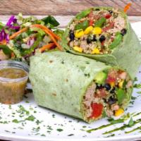 Quinoa Turkey Wrap · All Natural Lean Ground Turkey, Organic Quinoa Pesto, Corn, Tomatoes, Green and Red Bell Pep...