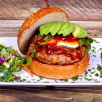 Bbq Addiction Burger · All Natural Lean Ground Turkey, Caramelized Onions, Egg Whites or Whole Egg, Tomato, Shredde...