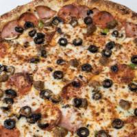 Party Pizza · Onions, green peppers, pepperoni, mushrooms, black olives, sausage, Canadian bacon.