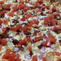 Bacon Chicken Ranch · Ranch sauce, red onion, chicken, bacon, fresh tomatoes.