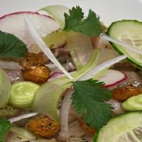 Hamachi Crudo Aguachili · cucumber, crispy ancho chickpea,
avocado mousse, grilled lime