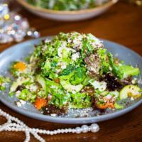 Kale & Apple Salad · apple cider vinaigrette, pancetta, candied pecans, shaved goat cheese.