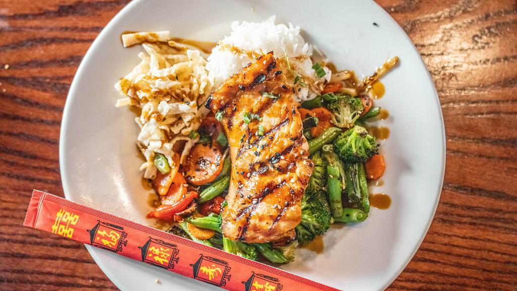 Teriyaki Bowls Customize · Sautéed fresh vegetables over jasmine topped with crispy wontons and green onion. Choose from steak, chicken, salmon or get it vegetarian.
