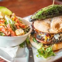 Bronco Burger · Bleu cheese, buffalo sauce, sweet chili bacon, lettuce, and tomato.