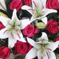 Debi Lilly Fragrant Rose Bouquet · Roses mixed with Fragrant Lilies.