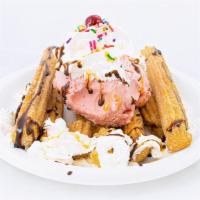 Churro Ice Cream · 3 CHURROS WITH 1 ICE CREAM SCOOP CHANTILLI CARAMEL CHOCOLATE AND SPRINKLES RIMBOW