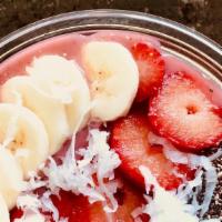 Strawberry Fields · Strawberries, bananas, & almond milk topped with chia seeds & shredded coconut