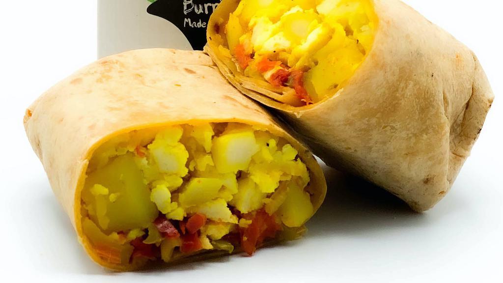 Southwestern Breakfast Wrap · POTATOES, FRESH CAGE FREE EGGS, SPINACH TORTILLA, CANOLA OIL, SALT, ONION, GREEN BELL PEPPER, RED BELL PEPPER, PARSLEY FLAKES, ONIONS, RED BELL PEPPER, GREEN BELL PEPPER, SALT, OLIVE OIL & GARLIC.