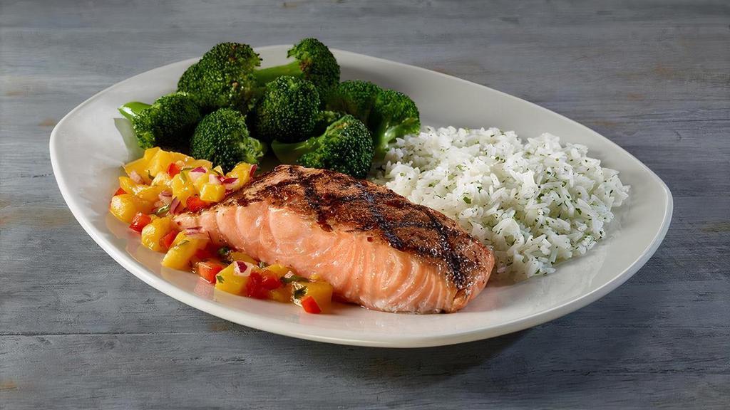 Atlantic Salmon* · lightly seasoned and wood-grilled and served with choice of two signature sides