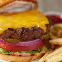 Half-Pound Bfg Burger · Toasted bun, fully dressed with sharp Cheddar and special sauce, with french fries