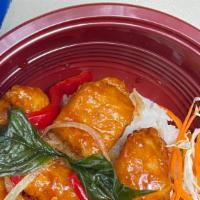 Basil Sauce Bowl  · Choice of crispy chicken or crispy tofu mixed in basil sauce with onions, bell pepper and to...