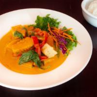S- 2 Pumpkin Curry · Choices of meat chicken,  tofu or vegetarian with pumpkin, basil leaves, bell pepper, carrot...
