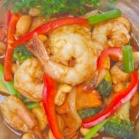 Pad Cashew Nut · Stir-fried with cashew nut, carrot, broccoli, onion, and bell pepper in a sweet chili paste.