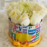 Birthday Wish · 8 white or yellow roses surrounding a cremone flower. (rose color may vary depending on avai...
