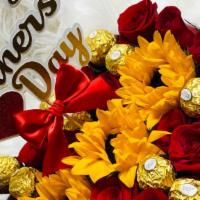 Mother’S Love · Red roses with sunflowers and Ferrero chocolate truffles arrangement