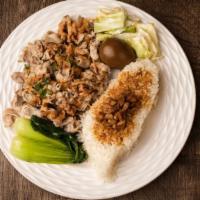 Pork Belly Over Rice With Sweet Garlic Sauce  · All rice dishes include an egg, Taiwanese style kimchi, and vegetables.