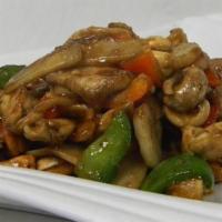 Royal Chicken · Cashew chicken Thai style! White meat chicken, cashews, mushrooms, and vegetables in sweet s...
