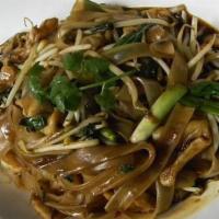Drunken Noodles · Flat rice noodles with basil, bean sprouts, and green onions.