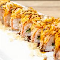 Volcano Roll · Shrimp tempura, soy paper, cream cheese, cucumber, topped with spicy crab, eel sauce, spicy ...